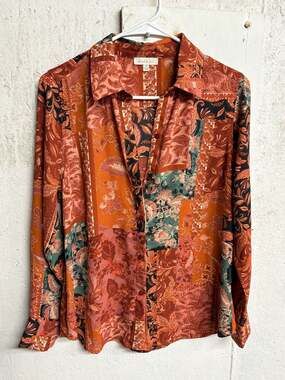 Alex & Lili Patchwork Floral Print Button Down Blouse Size M